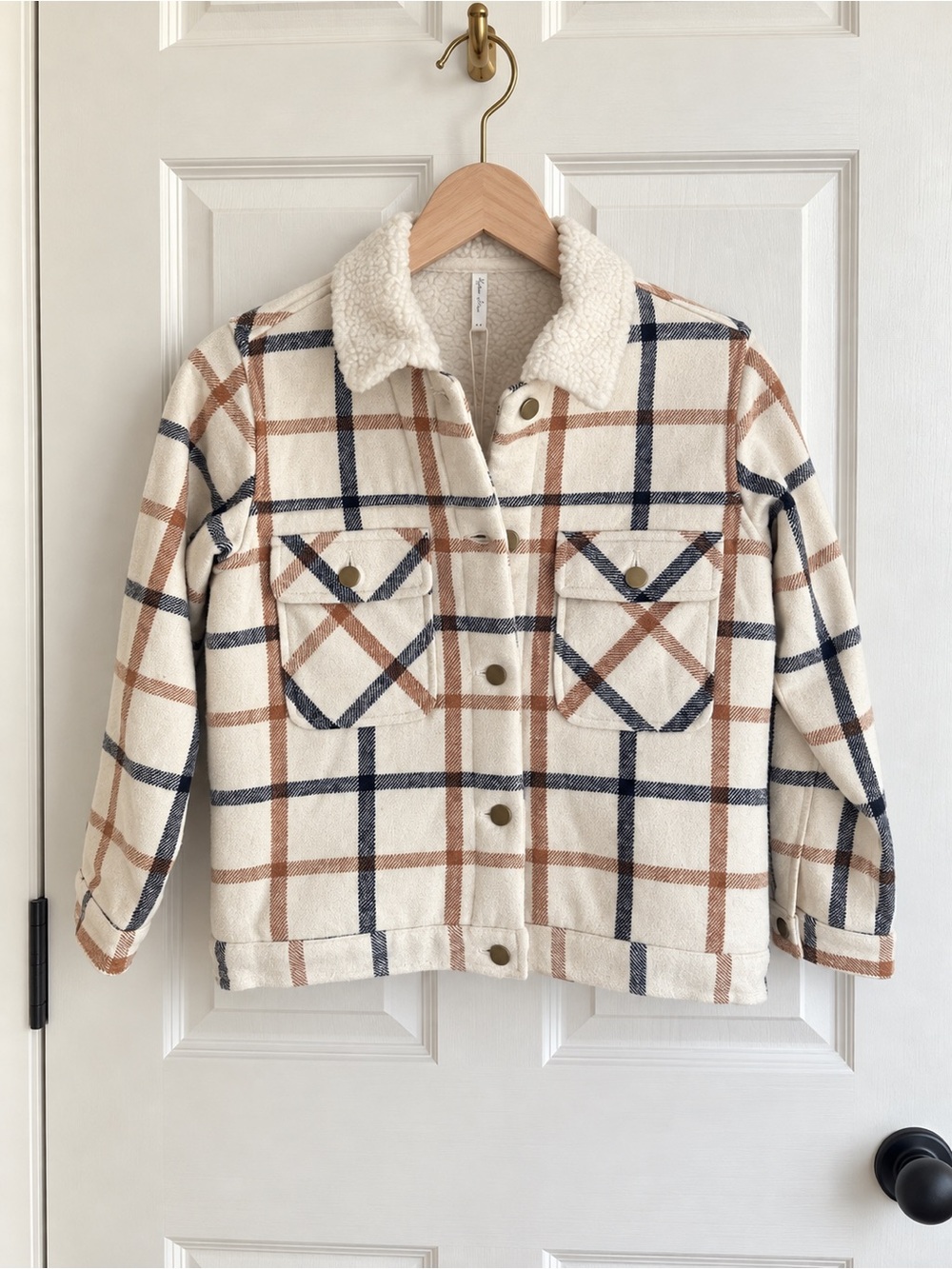 Rylee + Cru Plaid Sherpa Jacket 8-9Y NWT Cream Brown